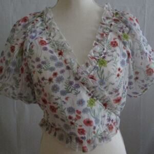 70/21 Ruffle-Trim Floral-Print Crop Top-Size L-Color Blue Multicolor